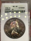 1958 CANADA SILVER $ ANACS MS68PL "TOP POP"(VERY RARE) MONSTER  MULTICOLOR TONE