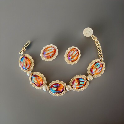 Vintage Bracelet & Earrings Set ANNA GERMAINE Eloxal Metal Marigold 7 -7.5  L8