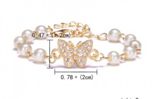 Authentic Delicate Gold Plated White Imitation Pearl Clear Rhinestone Butterfly Bracelet