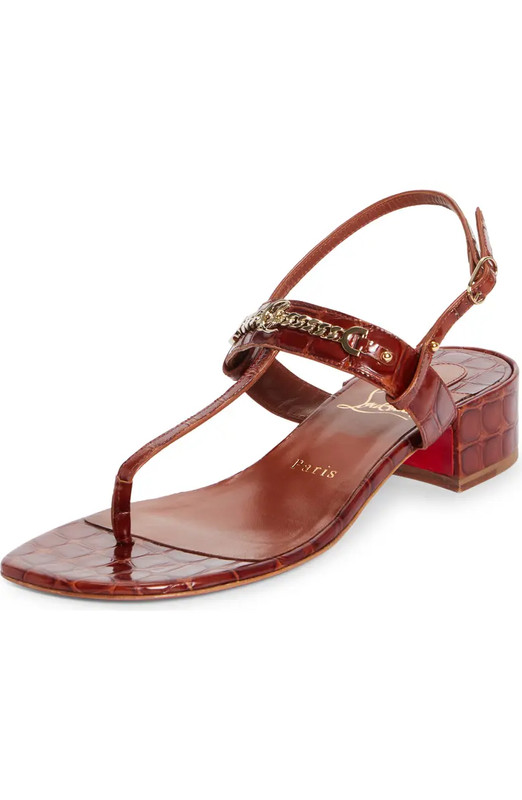 100% AUTHENTIC NEW WOMEN LOUBOUTIN MJ THONG BROWN CROC FLAT SANDALS EU 37/US 7