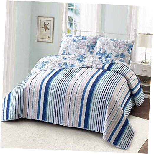 3 Piece Coastal Quilt Sets Size Reversible Nautical Quilted King Shell