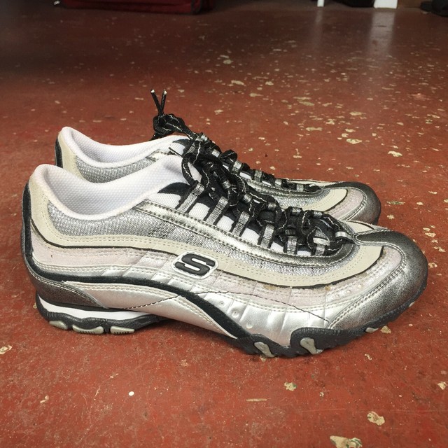 white and silver skechers