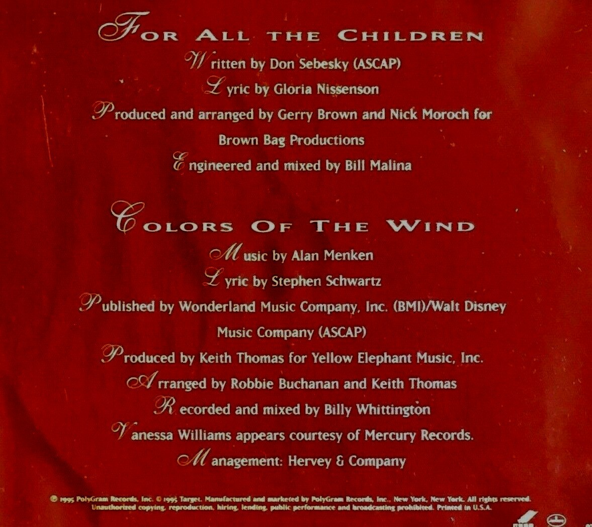 Vanessa Williams ‎For All The Children / Colors Of The Wind