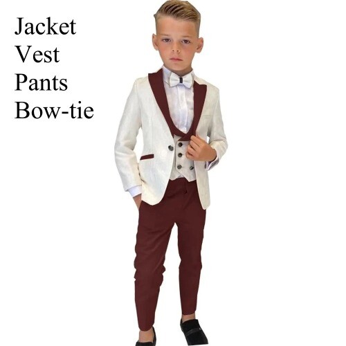 Boy's Suit Set 4 Pieces Blazer Vest Pants Tie Formal Tuxedo Kids Pant Suit - Picture 35 of 45