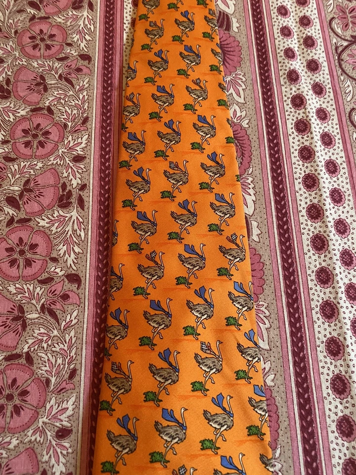 Corbata Burberry Para Hombre Naranja Avestruz Correr Pájaros Seda Cuello Corbata Foto 4 de 4