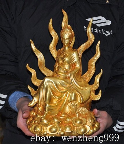 13 Zoll alte China antike Bronze vergoldete Reichtum neunschwänziger Fuchs himmlisches Wesen Statue - Bild 1 von 14