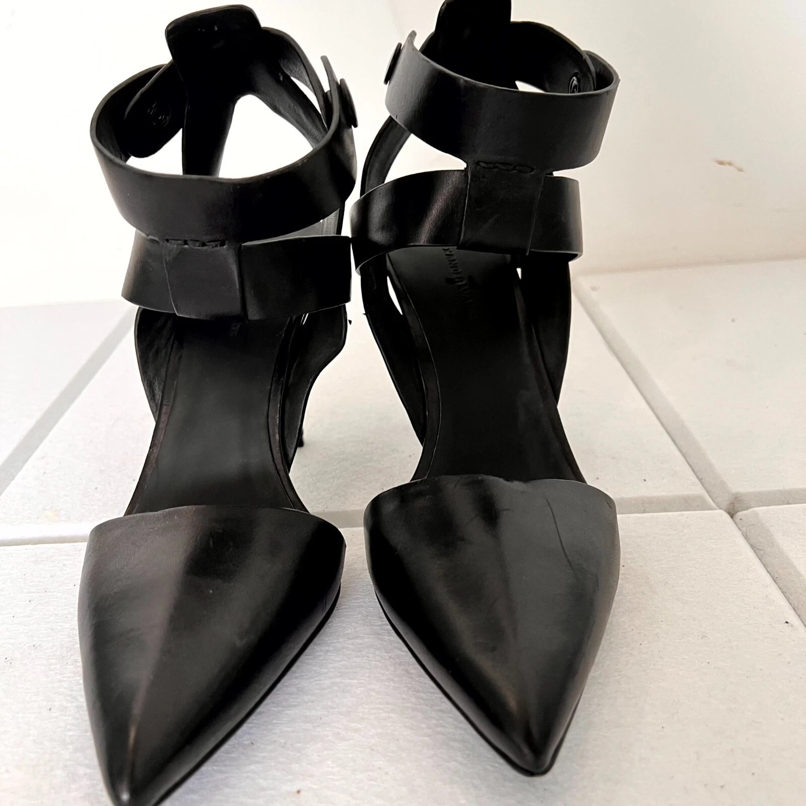 Decolte donna Alexander Wang Sonja taglia 7 pelle nera cinturino alla caviglia tacco a spillo