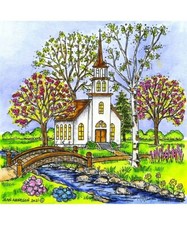 Country Church and Bridge Scene Wood Mounted Rubber Stamp NORTHWOODS PP10936 New