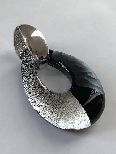 Signed TAGLIAPIETRA MURANO Black & Silver Big Glass Necklace Pendant - Picture 2 of 17