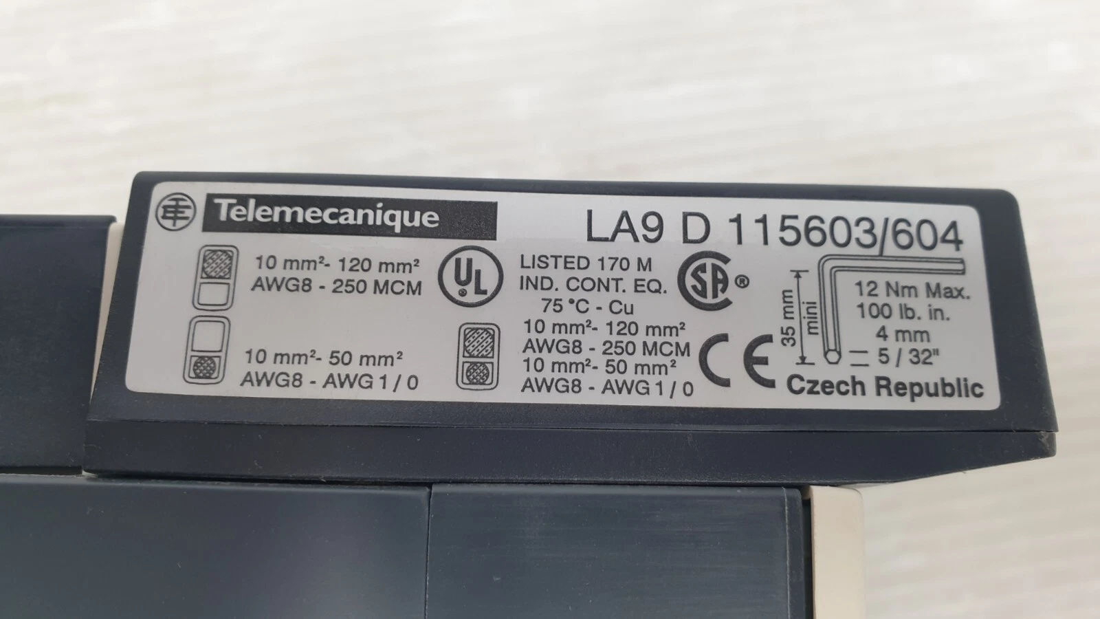 Telemecanique LA9 D115603/604 connector label: 10-120 mm², 12 Nm, UL, CSA, CE