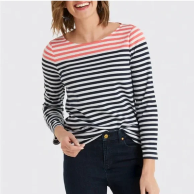 #ad Draper James Women#x27;s Navy Coral Stripe Ponte Long Sleeve Tee Size L $24.90