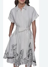 NWT KARL LAGERFELD PARIS Roll Short Sleeve Cotton Soft White Shirtdress, Sz.6;8