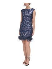 ELIZA J Womens Navy Feathered Trim Lined V-back Sleeveless Short Dress 4