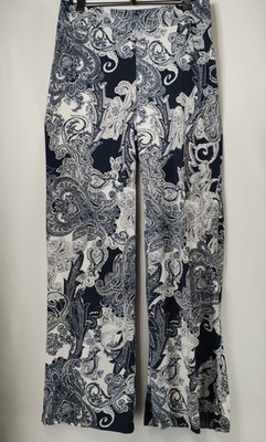 IMAN Global Size L Chic Palazzo Pants Blue Paisley Gold Foil Stretch Wide Leg