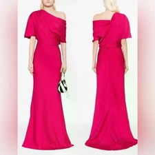 NEW Amsale Slouch One-Shoulder Hammered Satin Magenta Pink Gown Sz 10