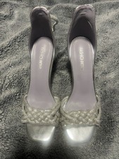 NWOB Fashion Nova Women's Silver Open Toe Strappy Rhinestone Heels Silver Size 6