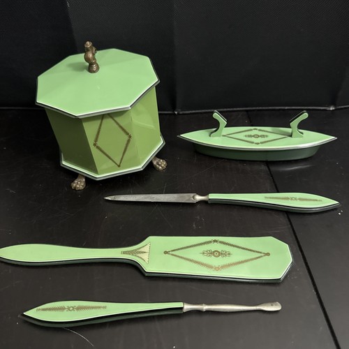 Dupont Vintage Lucite Vanity Comò Set 5 Pezzi Verde Impero - Foto 1 di 9