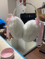 White Faux Fur Padded Earmuff Headband, Pink Ribbon Bow Accents, Women