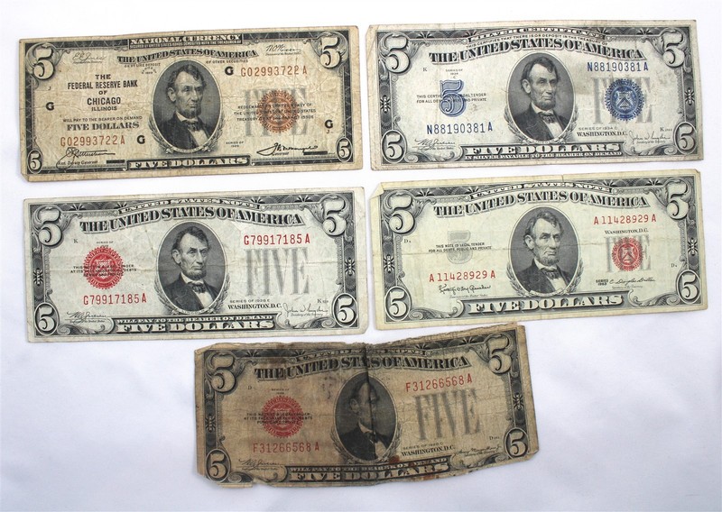 Lot of Five (5) US $5 Dollar Notes: 1928C, 1928E, 1929, 1934C, 1963