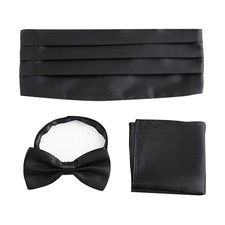 3 Pcs Men's Formal Satin Bowtie Adjustable Cummerbund Breast Pocket Handkerchief