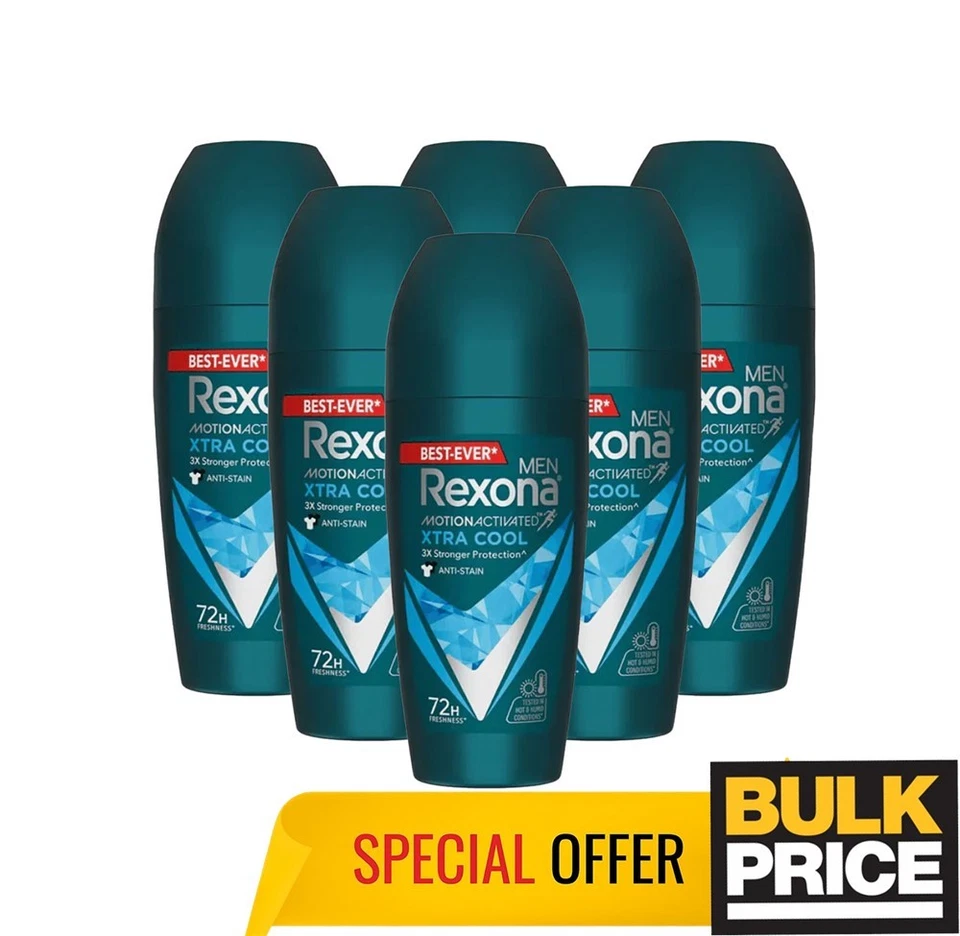 Rexona Hombres Xtra Cool Roll-On Sudor Protección contra Olores y Enfriamiento Antimanchas Paquete de 6 Foto 2 de 4