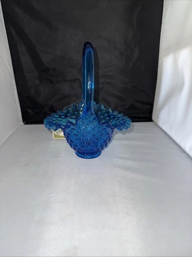 Fenton Colonial Blue Hobnail Glass Basket Ruffled Edge 8” Handle
