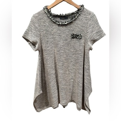 THML Chic Cotton Blend Tweed Short Sleeve Textured Gray Black Fringe Top Medium