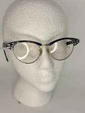SRO Vintage Eyeglasses Cat Eye Black N Silver Etching Aluminum Frame 12k GF