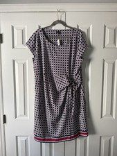 NWT Talbots Dress 2X Short Sleeve Geometric Print Black White Stretchy Tie Waist