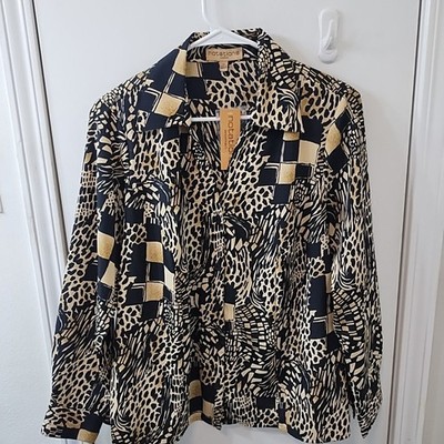 Vintage Notations Women's Button Up Blouse Animal Print Shoulder Pads Sz 1X NWT