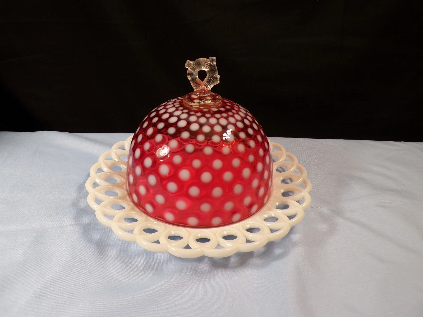 Fenton Cranberry Opalescent Glass Polka Dot Covered Butter or Cheese Dish