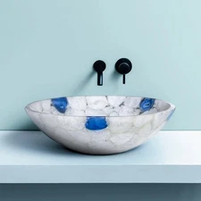 White & Blue Agate Sink | Luxury Round Stone Basin | Polished Countertop Vanity