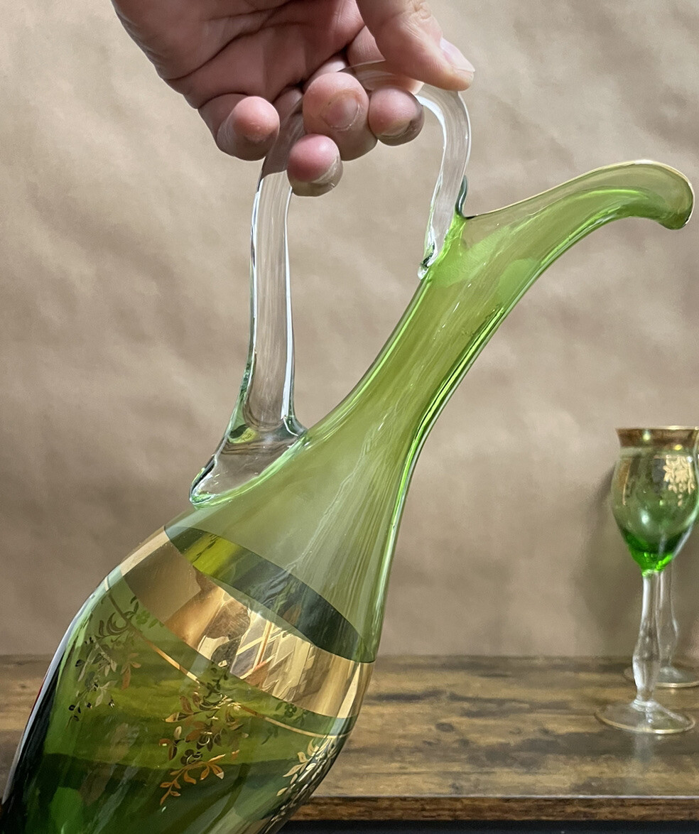 Vintage Murano Green Glass Decanter Set Handmade in Murano