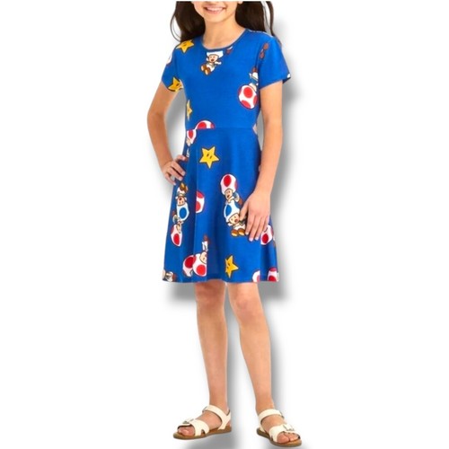 Girl’s Nintendo toad & friend jersey dress side cut out blue Red Mario Small - Picture 6 of 6