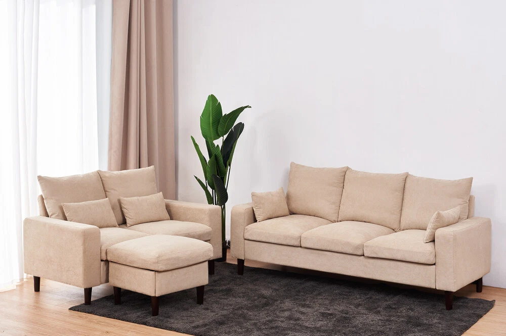 Linen Fabric 3 Seater with Ottoman Chaise L-Shaped Corner Sofa Couch Armchair