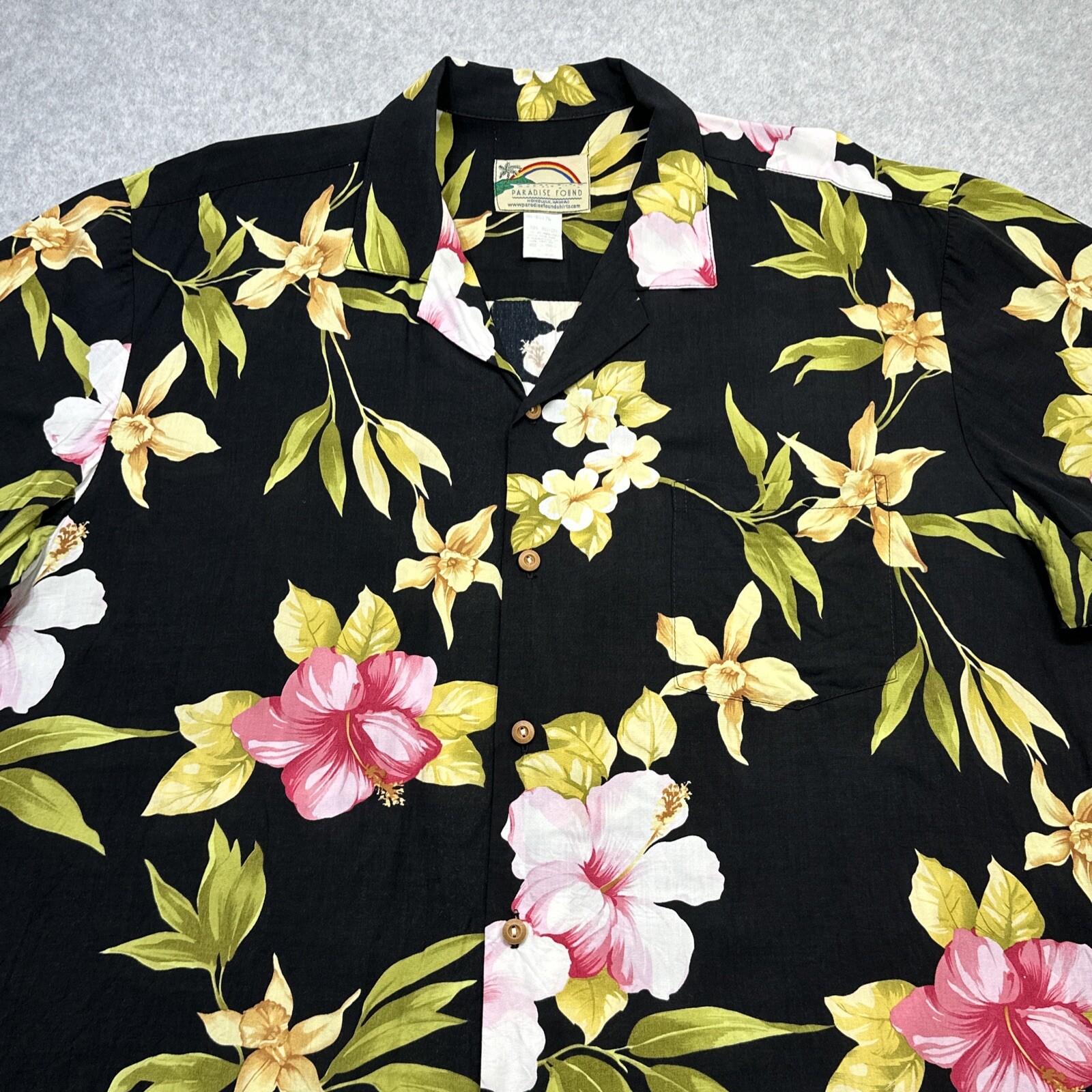 Vintage Paradise Found Hawaiian Shirt XL Green Yellow Floral Rayon Tropical Tiki