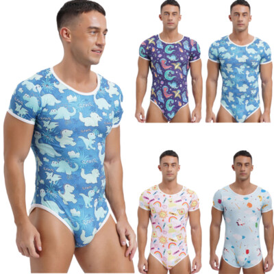 Mens Cartoon Print Sissy Bodysuit Sleepwear Short Sleeve Diaper Rompers Pajamas