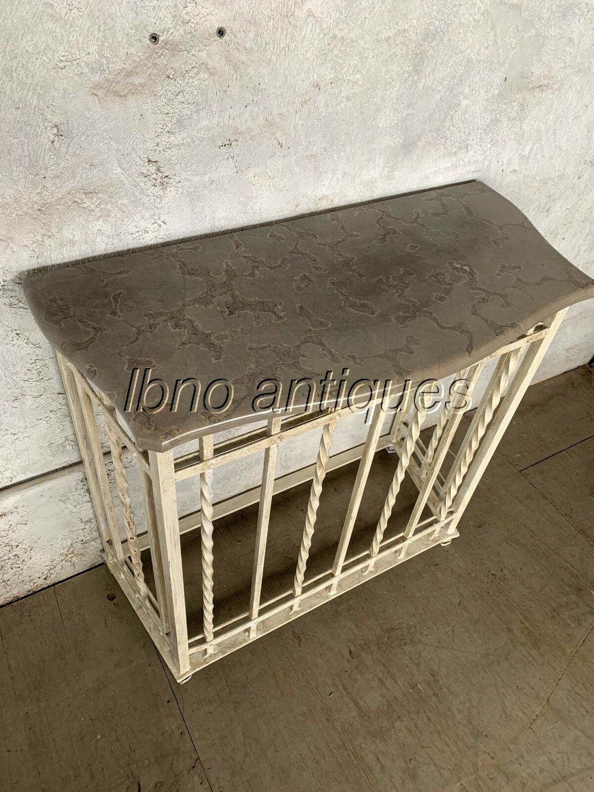 EARLY 1900s WROUGHT IRON ARCHITECTURAL CONSOLE TABLE W/ MARBLE TOP. IN/OUTSIDE