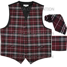 New Vesuvio Napoli Men's plaid Tuxedo Vest Necktie  Hankie set Burgundy formal