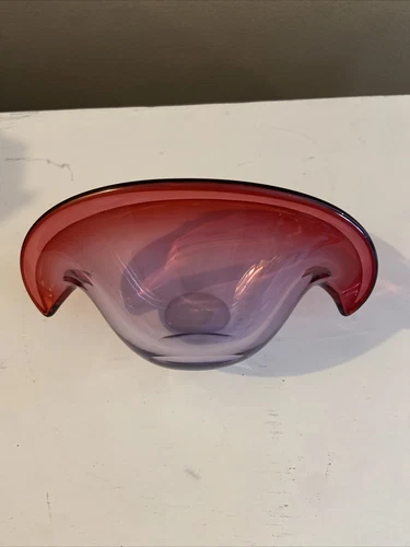 Vintage Murano Art Glass MCM Clam Shell Vase Bowl, Dual Base, Cranberry To Clear