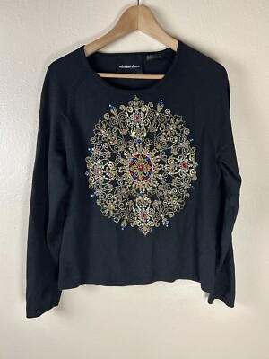 Michael Simon L Spun Silk Sweater Black Beaded Embellished Rhinestone Christmas