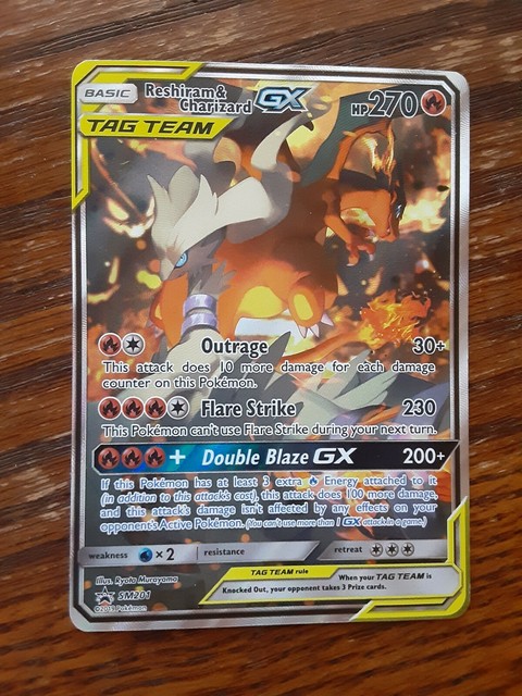 POKEMON RESHIRAM & CHARIZARD GX SM201 - FULL ART HOLO ULTRA RARE PROMO