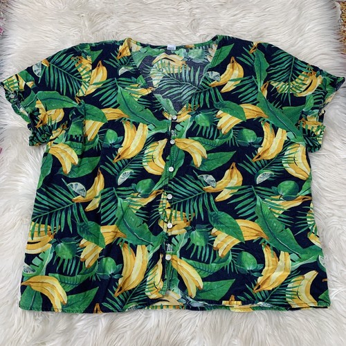 Old Navy Damen Bananen Print Top Leinenmischung Relaxed Kurzarm Größe XL