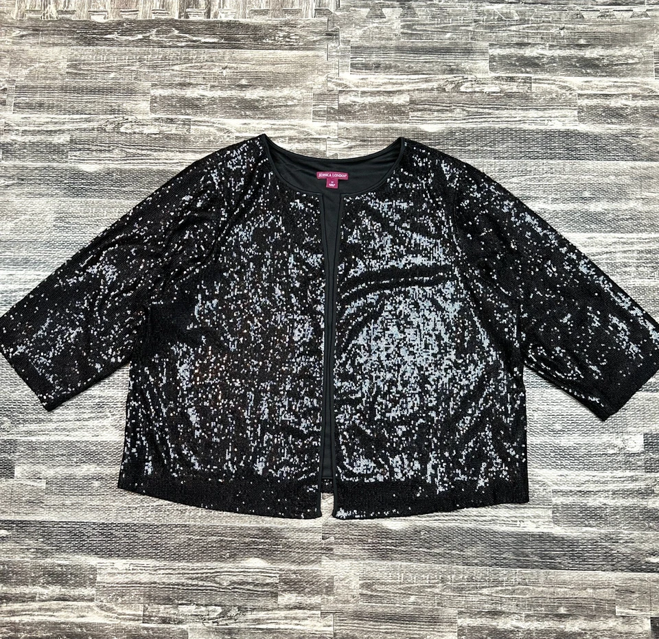 Jessica London Womens Jacket size 22W Black Cropped Open Front plus Sequin Shrug - Image 2 of 4