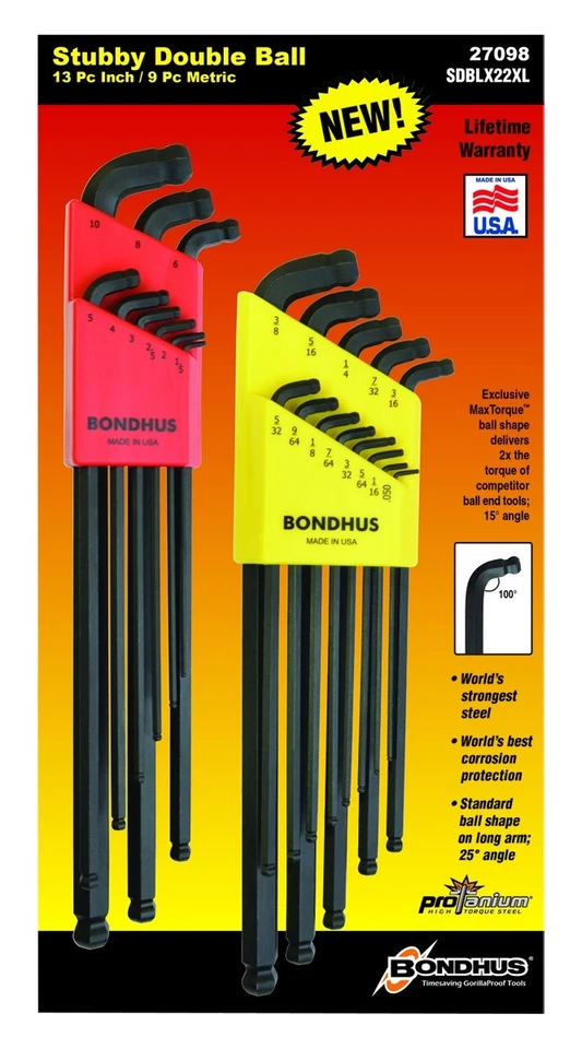 Bondhus Stubby Dual Double Ball End Hex L Wrench Set Metric SAE Inch USA 27098 - Image 2 of 3