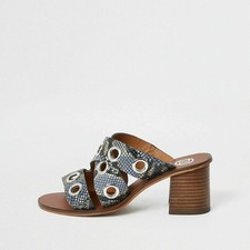 River Island Womens Blue Leather Print Eyelet Block Heel Mules