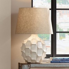 Mid-Century Table Lamp with USB Port White Ceramic Brown Drum Shade Living Room