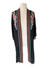 Johnny Was Kimono Medium Long Jacket Floral Embroidered Black Sheer Size L Coat