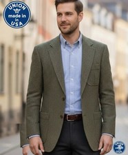 Lands End Men  s Vintage Green Wool Tweed Blazer 42L Academia Preppy USA Made