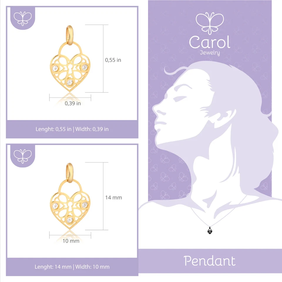 14k твердое золото сердце навесной замок кубический цирконий подвеска женщин девочек - Изображение 3 из 4